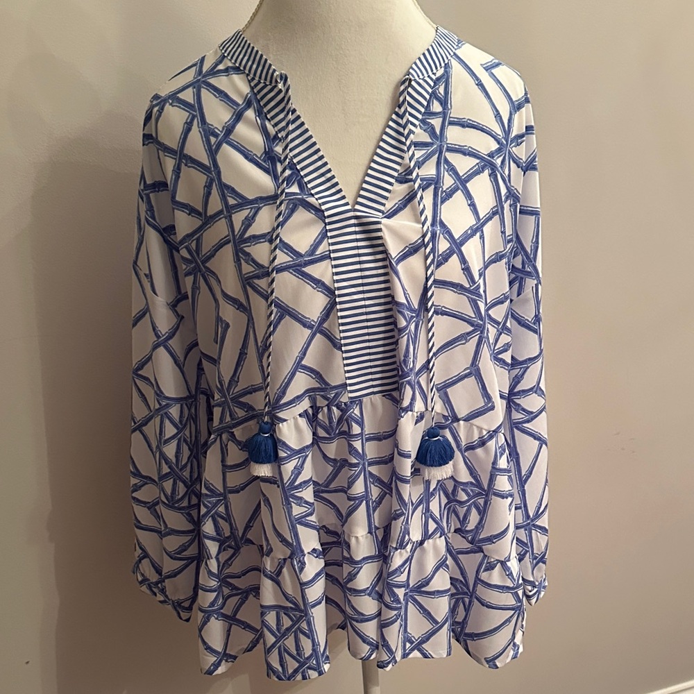 Blue and White Geometric Women's tunic top